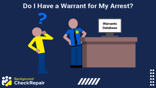 Man standing before a police officer and a desk with a computer showing a warrant database while he wonders do I have a warrant for my arrest and wants to learn how to find out if you have a warrant in all 50 states.