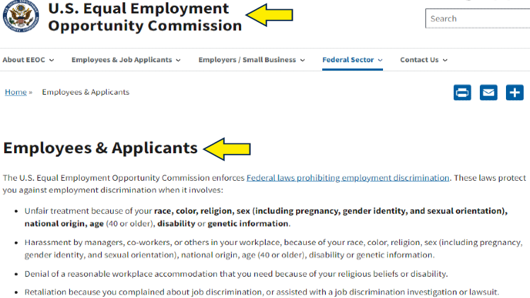 Screenshot of EEOC website page for federal sector with yellow arrows on employees & applicants.