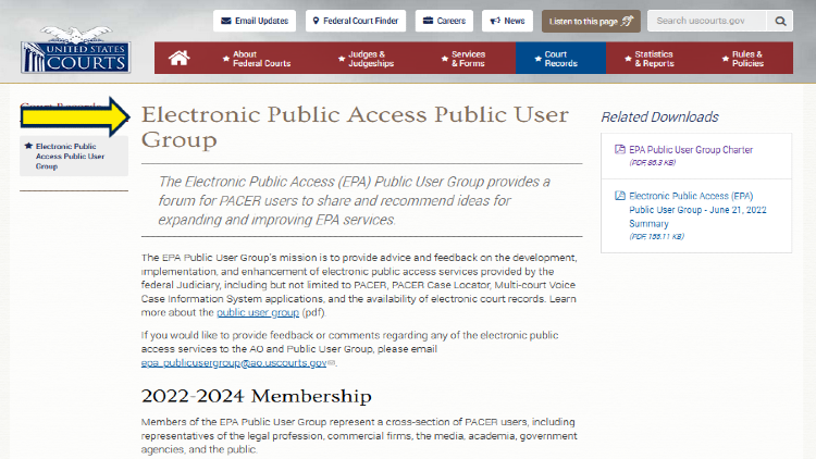 Screenshot of Federal Judiciary website page for United States Courts with yellow arrow on electronic public access.