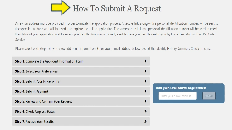 Screenshot of Electronic Departmental Order website page criminal background checks with yellow arrow on how to submit a request. 