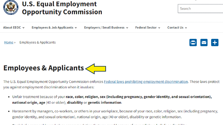 Screenshot of US Equal Employment Opportunity Commision website page about employees and applicants with yellow arrows pointing to the federal laws prohibiting employment discrimination.