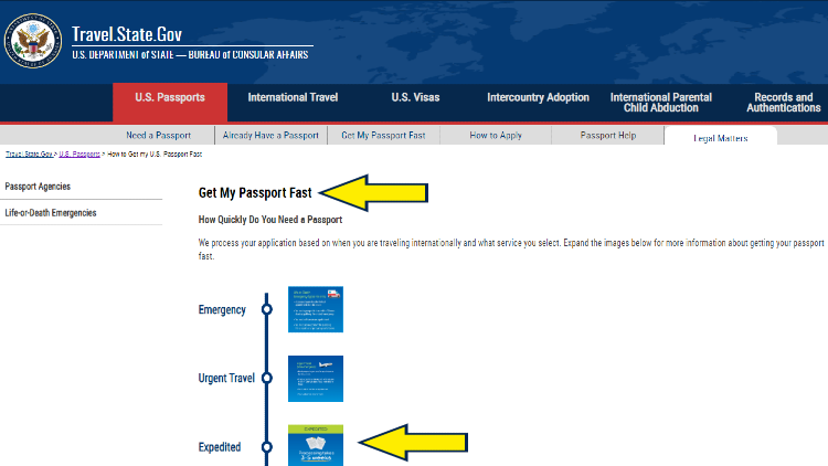 Screenshot of U.S. Department of State website page for U.S. passports with yellow arrows on link how to get passports fast.