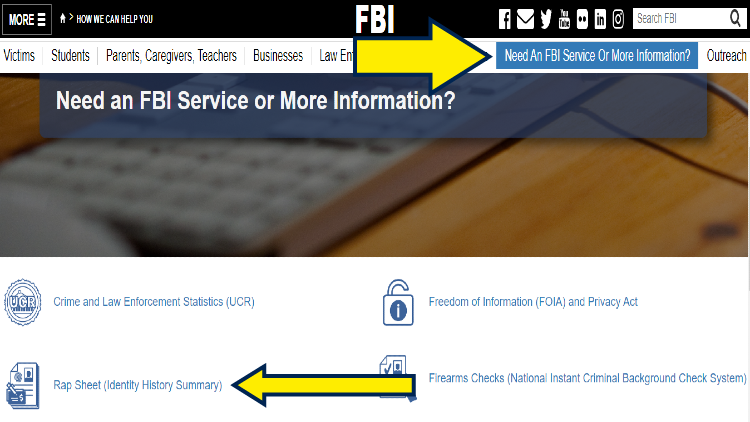 Screenshot of FBI website page about getting FBI service or more information with yellow arrows pointing on how to accomplish them.