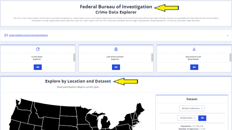 Screenshot of FBI Uniform Crime Reporting Program homepage with yellow arrows on exploring crime data sets by location.