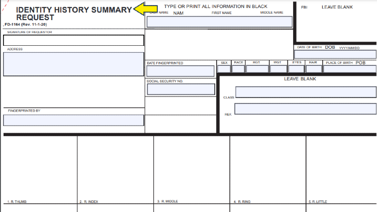Screenshot of FBI website page for forms with yellow arrow on identity history summary request.