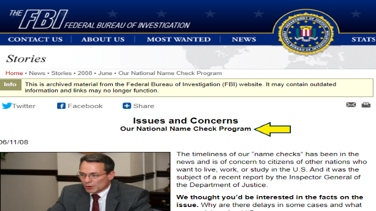 Screenshot of FBI website page for stories with yellow arrow on Name Check Program.