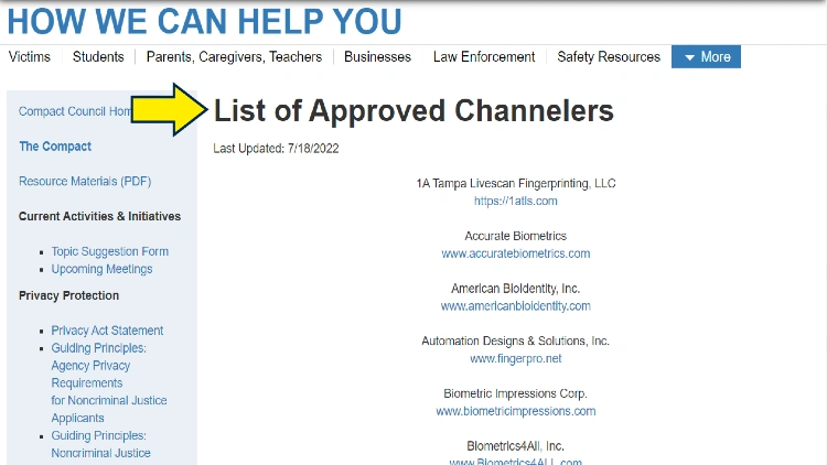 Screenshot of FBI website page for services with yellow arrow on list of approved channelers.