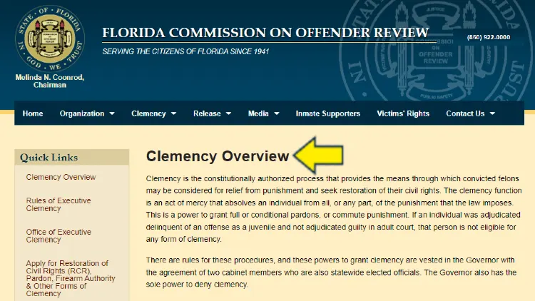 Screenshot of Florida Commission on Offender Review website page for clemency with yellow arrow on clemency overview.