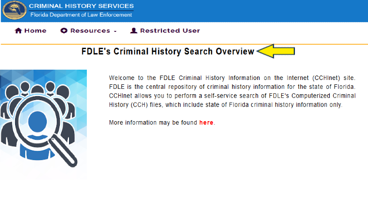Screenshot of Florida Department of Law Enforcement website page about Criminal History Services with yellow arrow pointing to Criminal History Search Overview.
