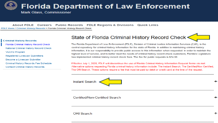 Screenshot of Florida Department of Law Enforcement website page about history record check with yellow arrow pointing to Instant Search.