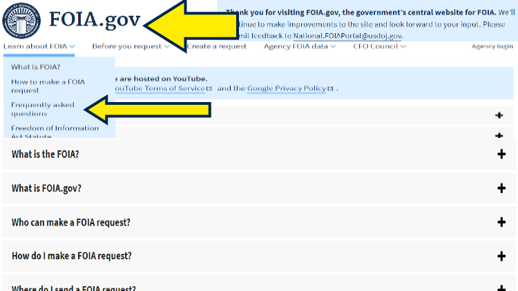 Screenshot of FOIA gov website page about Frequently Asked Questions with arrows pointing to the questions to be answered.
