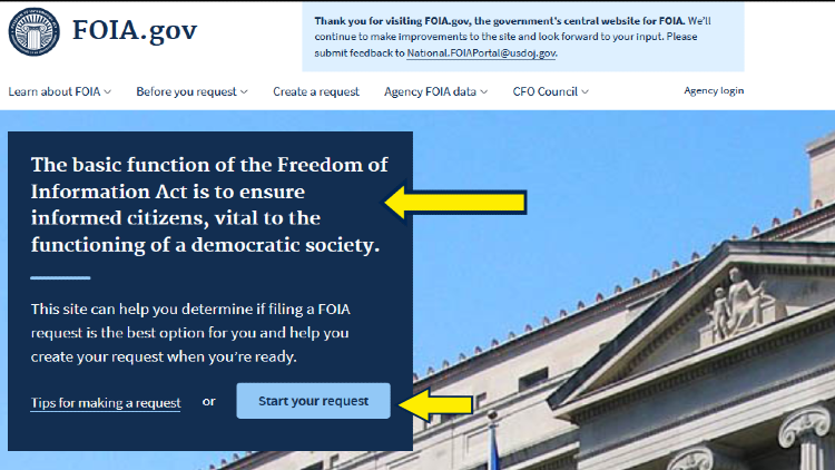 Screenshot of FOIA.gov homepage with yellow arrows on the basic function of the Freedom of Information Act.