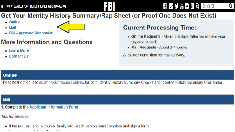 Screenshot of FBI website page about identity history with yellow arrow pointing to how to get identity history.