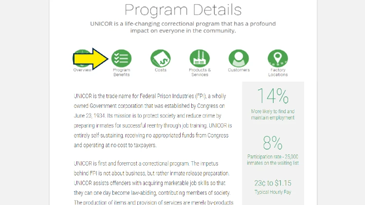 Screenshot of Federal Bureau of Prisons website page for UNICOR with yellow arrow on the program benefits for ex-convicts.
