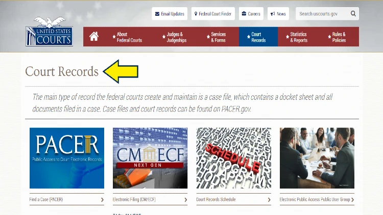 Screenshot of Federal Judiciary website page for United States Courts with yellow arrow on court records.
