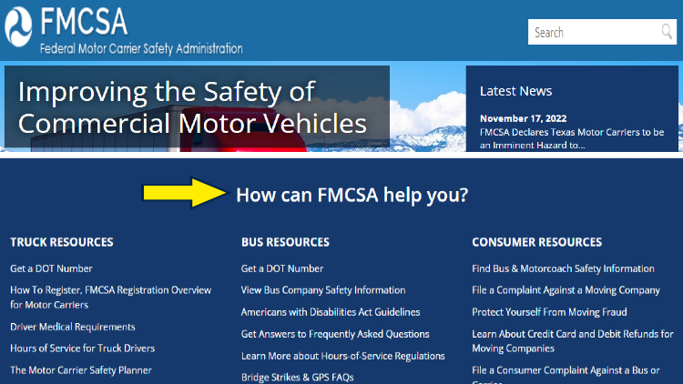 Screenshot of Federal Motor Carrier Safety Administration (FMCSA) website page for services with yellow arrow on how FMCSA can help through their services.
