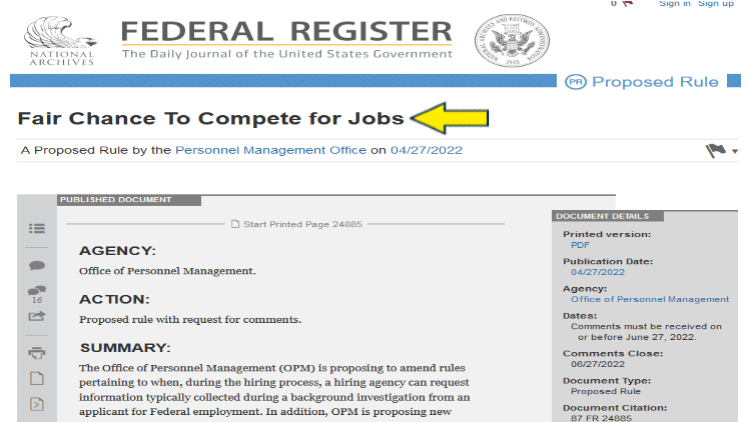 Screenshot of National Archives website page for federal register with yellow arrow on fair chance to compete for jobs.