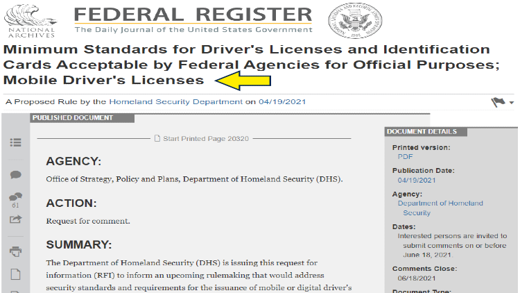 Screenshot of National Archives website page for Federal Register with yellow arrow on minimum requirements for mobile driver's licenses. 