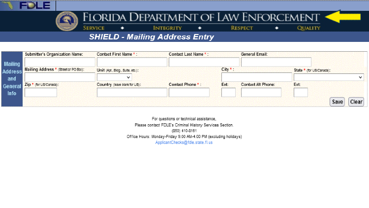 Screenshort of Florida Department of Law Enforcement website page about Mailing Address Entry with yellow arrow pointing to the online form.