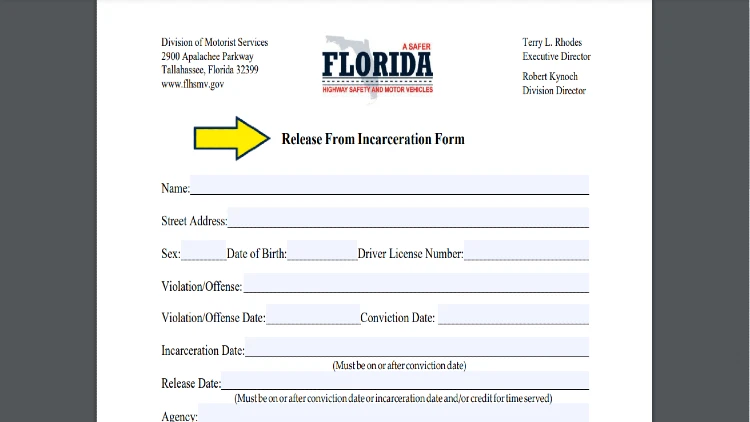 Screenshot of Florida Department of Highway Safety and Motor Vehicles website page for forms with yellow arrow on Release From Incarceration form.
