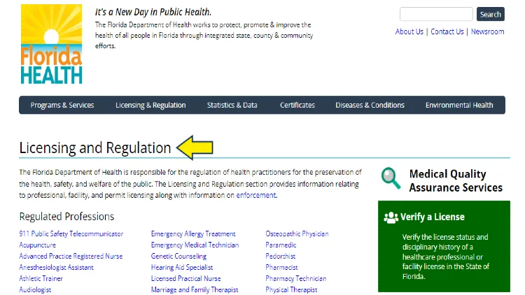 Screenshot of Florida Health website page for regulated professions with yellow arrow on licensing and regulation.