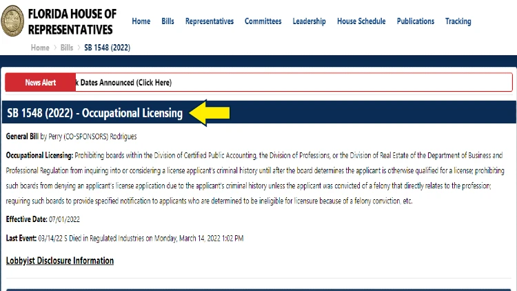 Screenshot of Florida House of Representatives website page for bills with yellow arrow on occupational licensing.
