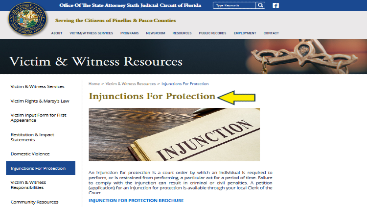 Screenshot of Office of the State Attorney Sixth Judicial Circuit of Florida website page about victim and witness resources with yellow arrow pointing to injunctions for protection.