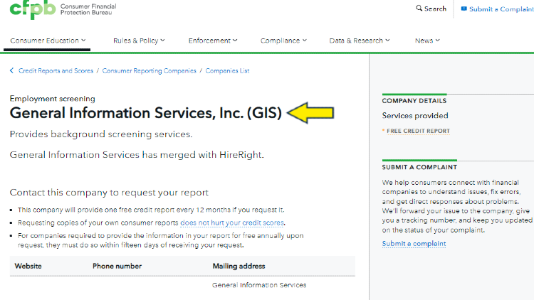 Screenshot of CFPB website about employment screening with yellow arrow ppointing ti General Information Services Inc.
