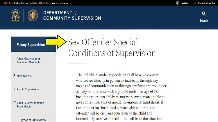 Screenshot of Georgia Government website page for Department of Community Supervision with yellow arrow on sex offender special conditions of supervision.