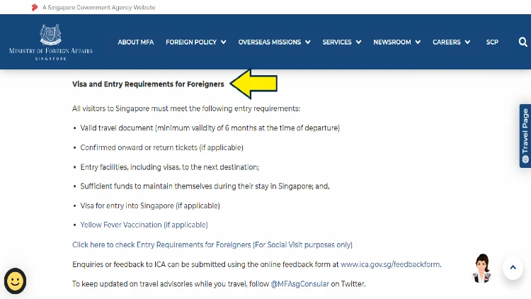 Screenshot of Government of Singapore website page for Ministry of Foreign Affairs with yellow arrow on visa and entry requirements for foreigners.