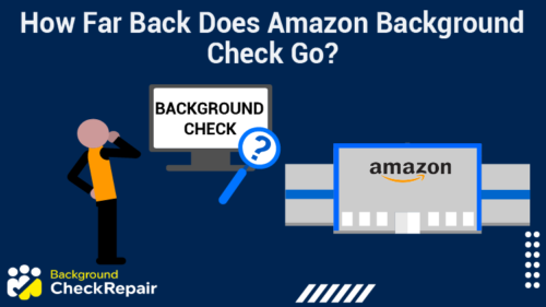 Man wearing an orange smock with his hand on his chin looking at an Amazon background check document on a computer screen and an Amazon fulfillment center wonders how far back does Amazon background check go?