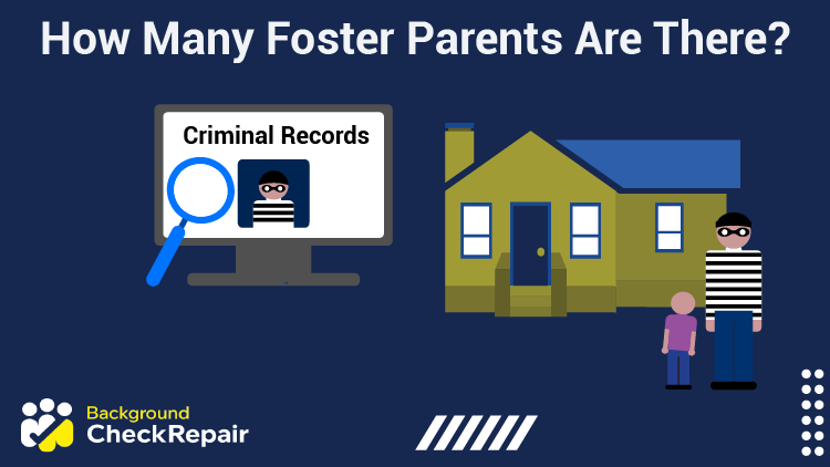 Man with a criminal history and looking at a criminal background check on computer stands in front of a house with a child and asks how many foster parents are there and what are the foster parent statistics for this year?