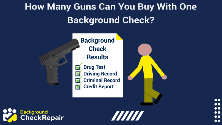 Man in a yellow shirt looks at a gun background check and wonders about how many guns can you buy with one background check and other background check gun statistics.
