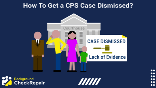 Man in a suit wonders how to get a cps case dismissed while standing outside a court building with his family and asking what cps can and can not do to take away children while looking at a case dismissed for lack of evidence.