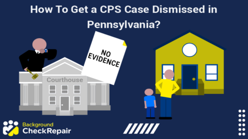 Parent and child stand in front of a house looking at a CPS judge who is saying there’s no evidence of neglect or abuse after learning how to get a cps case dismissed in Pennsylvania, and what cps can and cannot do in Pennsylvania.