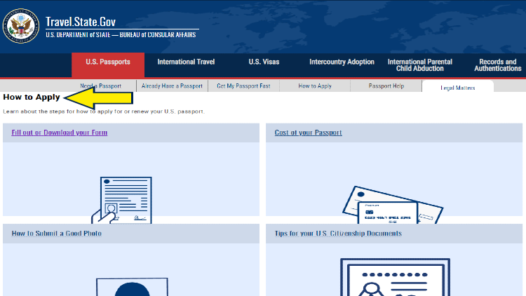 Screenshot of U.S. Department of State website page for U.S. passports with yellow arrow on how to apply for a passport.