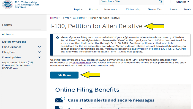 Screenshot of U.S. Department of Homeland Security website page for U.S. Citizenship and Immigration Services with yellow arrows on Form I-130: Petition for Alien Relative.