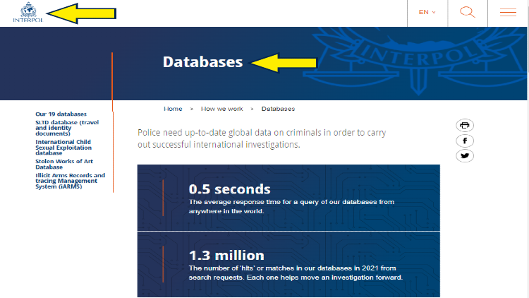Screenshot of INTERPOL website page how INTERPOL works with yellow arrow on databases.