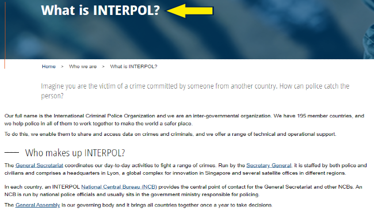 Screenshot of InterPol website page with yellow arrow pointing to the definition of InterPol.