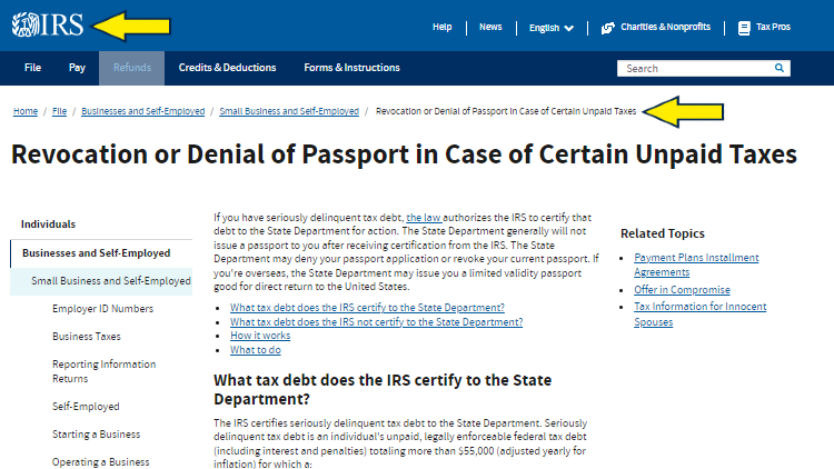 Screenshot of IRS website page about Refunds with yellow arrow pointing to revocation or denial of passport in case of certain unpaid taxes.