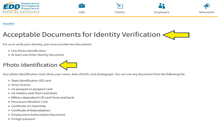 Screenshot of State of California website page for Employment Development Department with yellow arrows on acceptable documents for identity verification like photo identification.