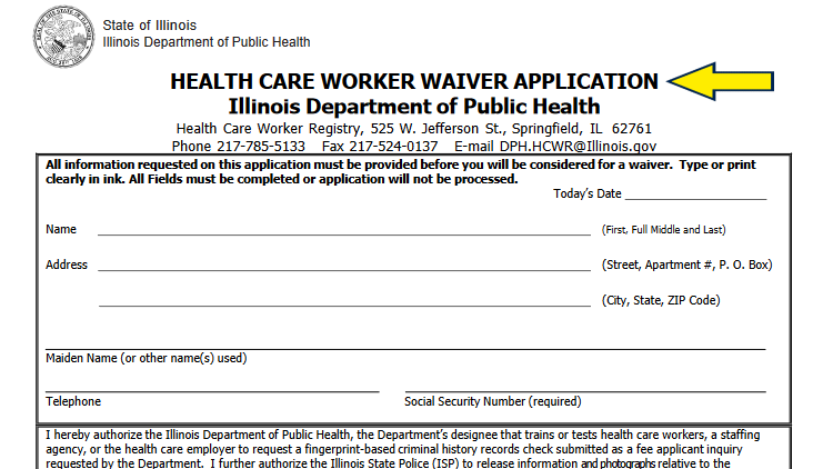 Screenshot of State of Illinois website page for Department of Public Health with yellow arrow on Health Care Worker Waiver Application form.