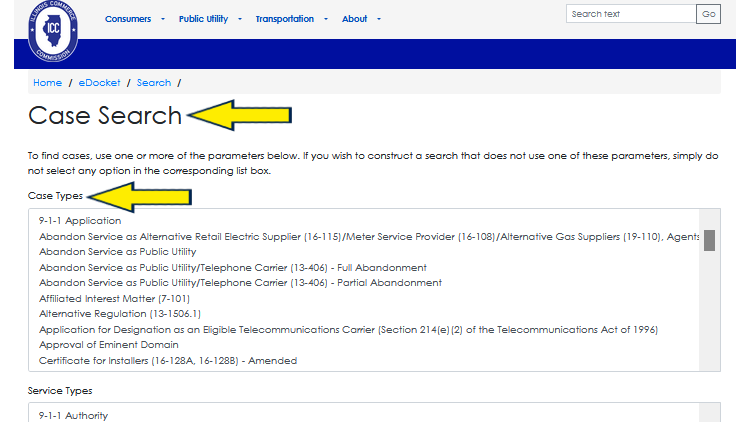 Screenshot of State of Illinois website page for eDocket with yellow arrows on case search.