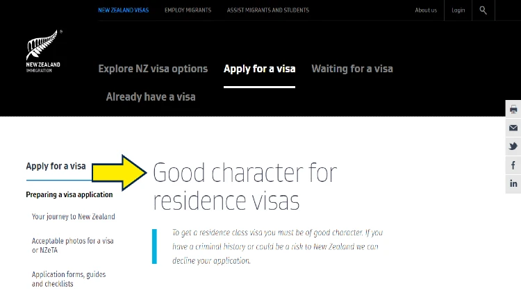 Screenshot of Immigration New Zealand website page for visa application with yellow arrow on proof of good character for residence visas.