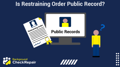 Man looks at a public records computer screen and a restraining order on the left and wonders Is Restraining Order Public Record, does a Temporary Restraining Order Go on Your Record and Is a Restraining Order a Criminal Record?