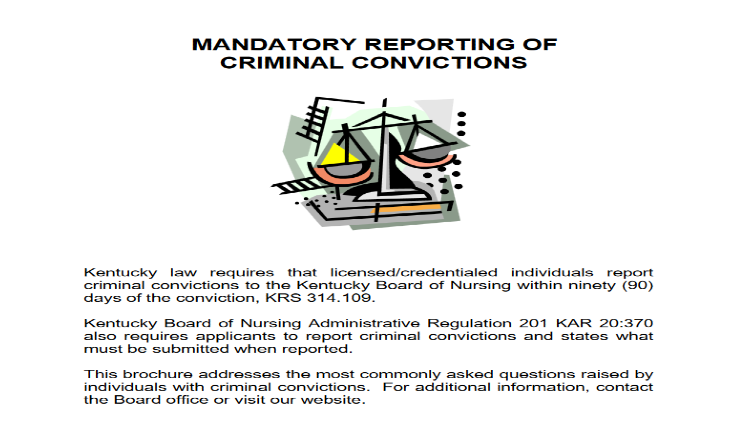 Screenshot of Commonwealth of Kentucky website page for Board of Nursing guidelines on mandatory reporting of criminal convictions.