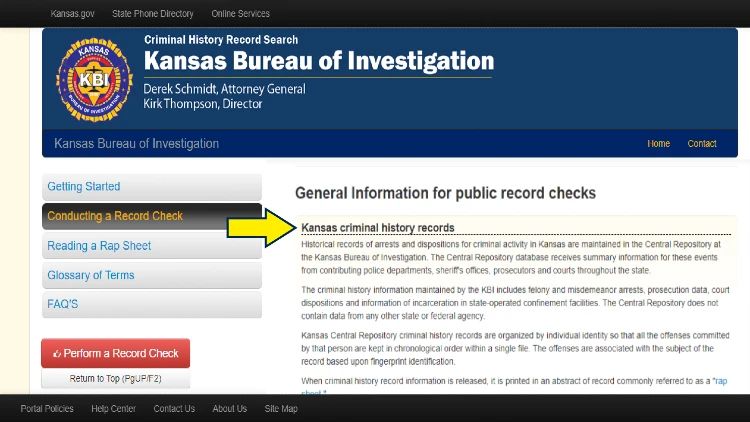 Screenshot of Kansas Bureau of Investigation website page for conducting a record check with yellow arrow on what shows up in criminal history records in Kasansas.