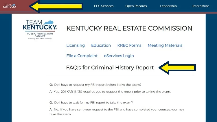 Screenshot of Commonwealth of Kentucky website page for Real Estate Commission with yellow arrows on FAQs for criminal history report.