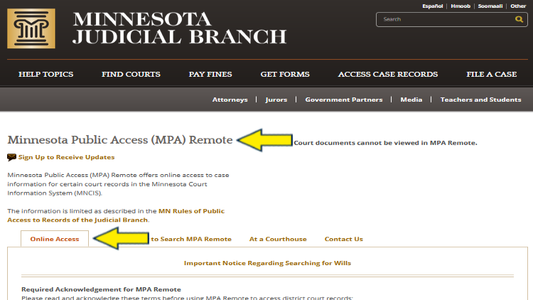 Screenshot of Minnesota Judicial Branch website page about Minnesota Public Access Remote with yellow arrows pointing to Online Access.