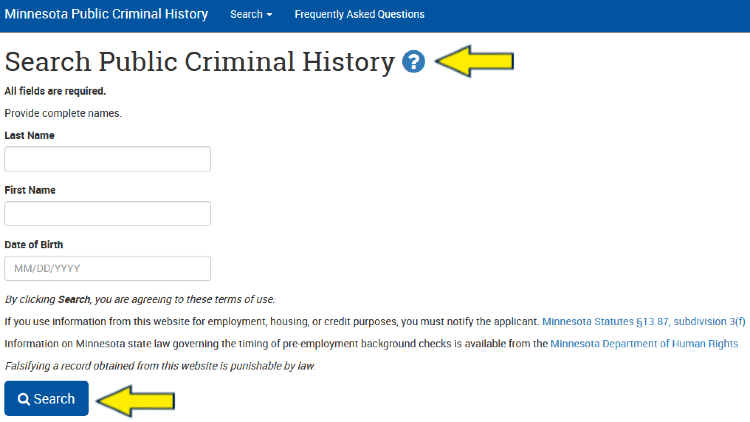 Screenshot of Minnesota Public Criminal History website page with yellow arrow pointing to search public criminal history.